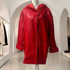 Ms Maxima Hooded Red Leather‎ A Line Swing Coat Vintage Car Coat Size Large